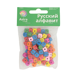 Бусины деревянные, с буквами Рус. алфавит, цвет. микс, куб, 10*10мм, 53гр, 100шт/упак, Astra&Craft